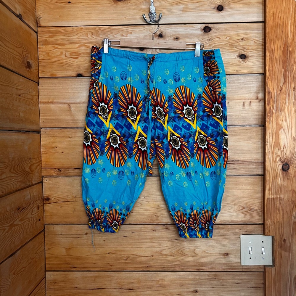 Ankara Crop Harem Drop Crotch Aladdin Trousers Large Blue Yellow Handmade